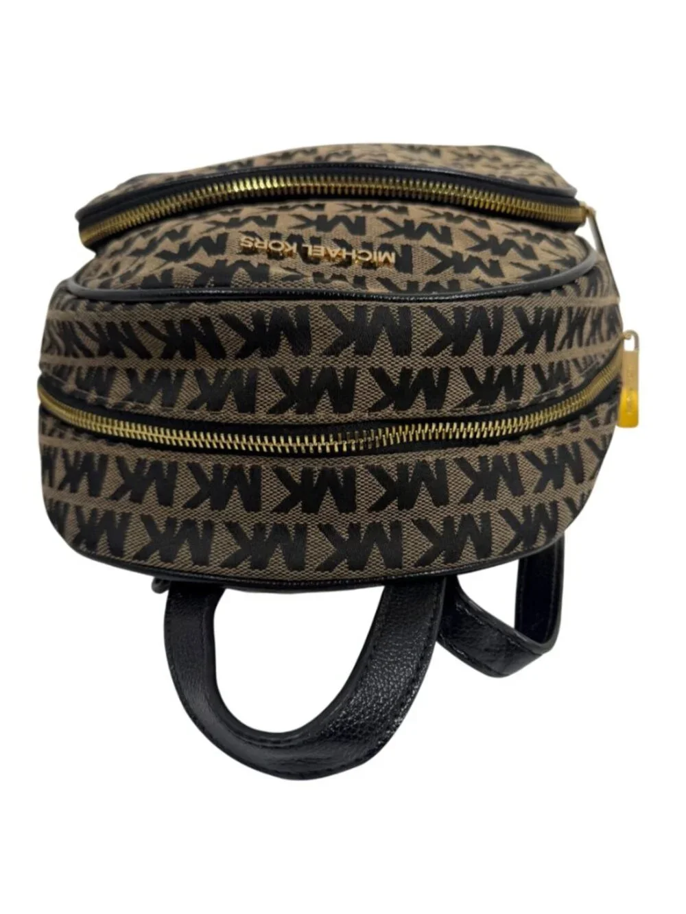 MICHAEL KORS Women's Abbey MK Signature Coated Canvas Backpack Beige Black Gold
